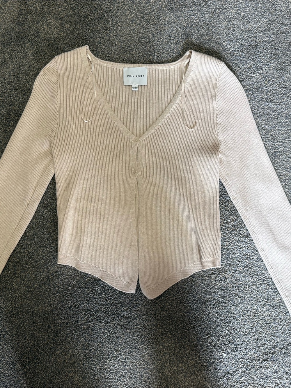 Pink Rose Neutral Ribbed V-Neck Cardigan in Beige